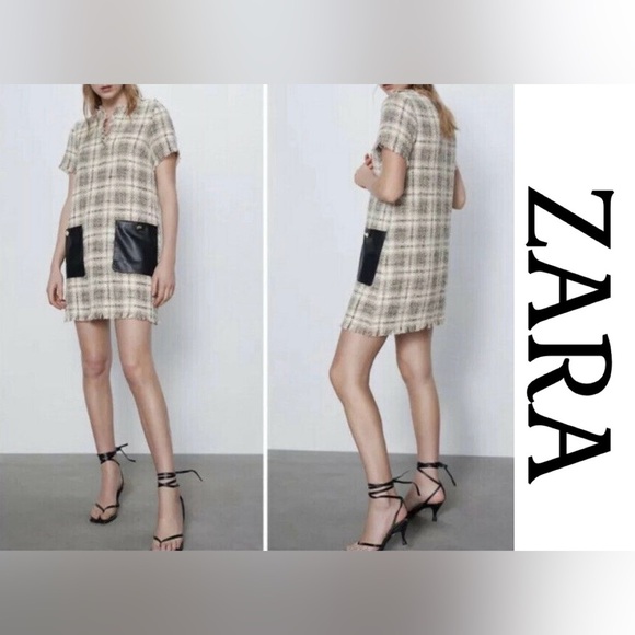 Zara Dresses & Skirts - Zara Beige Plaid Tweed Tunic Mini Dress with faux Leather Pockets